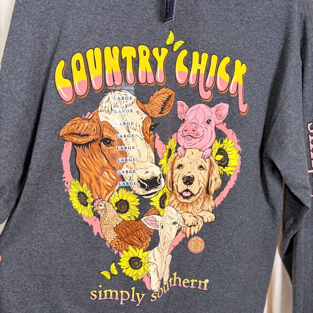 Simply Southern Country Chick Long Sleeve Shirt Gray Large Farm Animals NWT